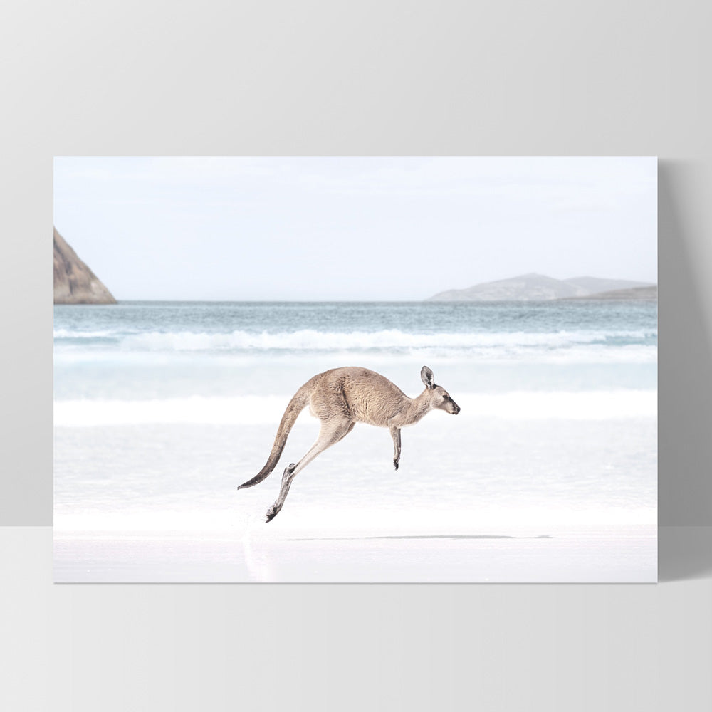 Coastal Beach Kangaroo I - Art Print, Poster, Stretched Canvas, or Framed Wall Art Print, shown as a stretched canvas or poster without a frame