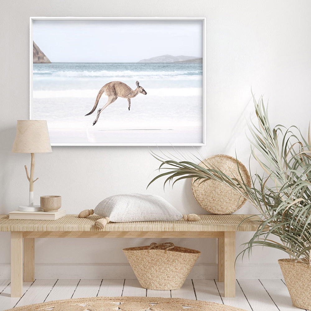 Coastal Beach Kangaroo I - Art Print, Poster, Stretched Canvas or Framed Wall Art Prints, shown framed in a room