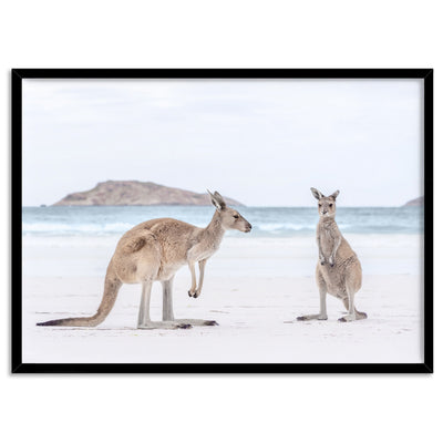 Coastal Beach Kangaroos III - Art Print, Poster, Stretched Canvas, or Framed Wall Art Print, shown in a black frame
