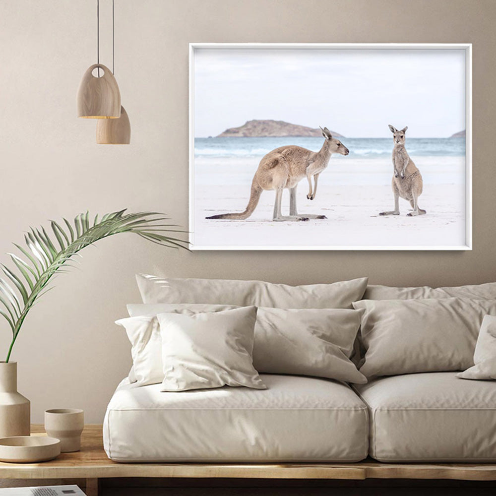 Coastal Beach Kangaroos III - Art Print, Poster, Stretched Canvas or Framed Wall Art Prints, shown framed in a room