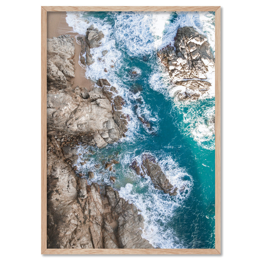 Rocky Coast from Above II  - Art Print, Poster, Stretched Canvas, or Framed Wall Art Print, shown in a natural timber frame