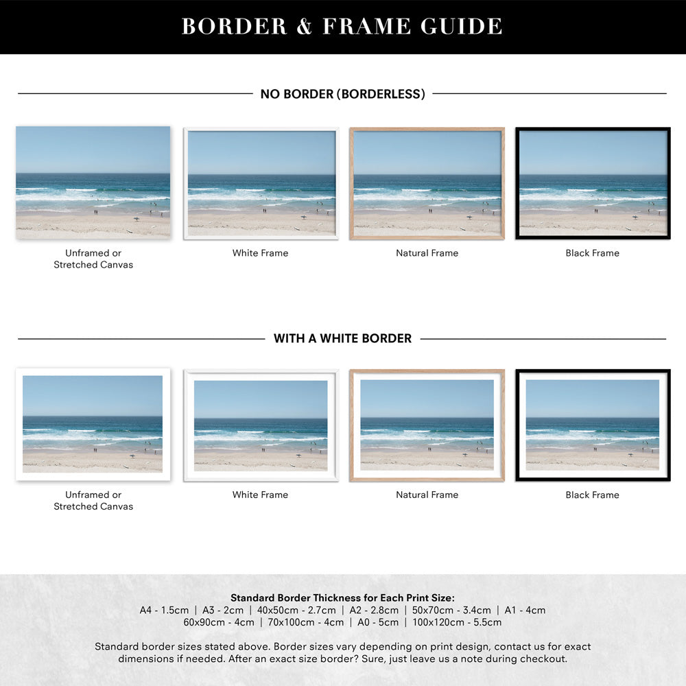 Cronulla Beach Horizon I - Art Print, Poster, Stretched Canvas or Framed Wall Art, Showing White , Black, Natural Frame Colours, No Frame (Unframed) or Stretched Canvas, and With or Without White Borders