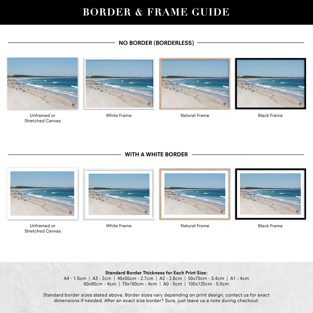 Cronulla Beach Horizon II - Art Print, Poster, Stretched Canvas or Framed Wall Art, Showing White , Black, Natural Frame Colours, No Frame (Unframed) or Stretched Canvas, and With or Without White Borders