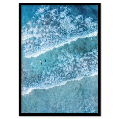 Aerial Ocean Waves & Tiny Surfers I - Art Print, Poster, Stretched Canvas, or Framed Wall Art Print, shown in a black frame