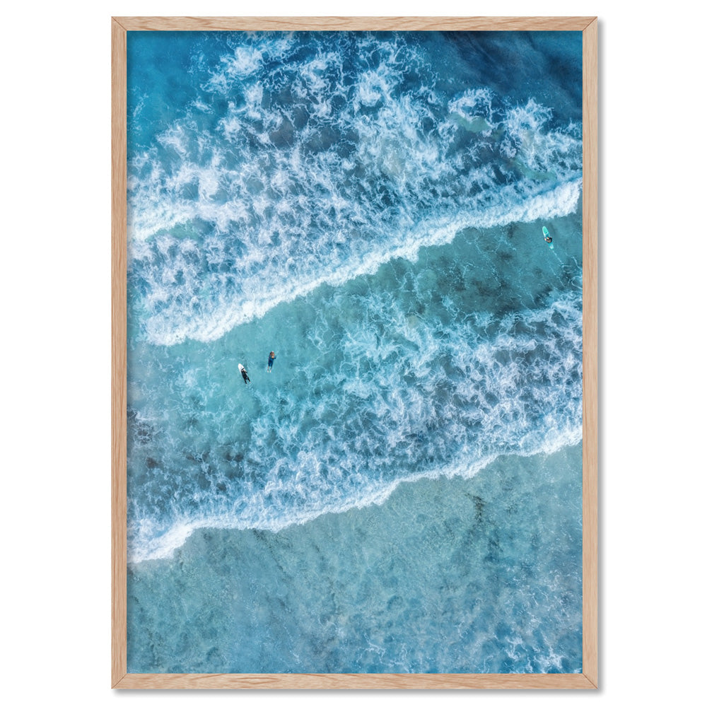 Aerial Ocean Waves & Tiny Surfers I - Art Print, Poster, Stretched Canvas, or Framed Wall Art Print, shown in a natural timber frame