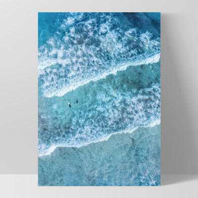 Aerial Ocean Waves & Tiny Surfers I - Art Print, Poster, Stretched Canvas, or Framed Wall Art Print, shown as a stretched canvas or poster without a frame