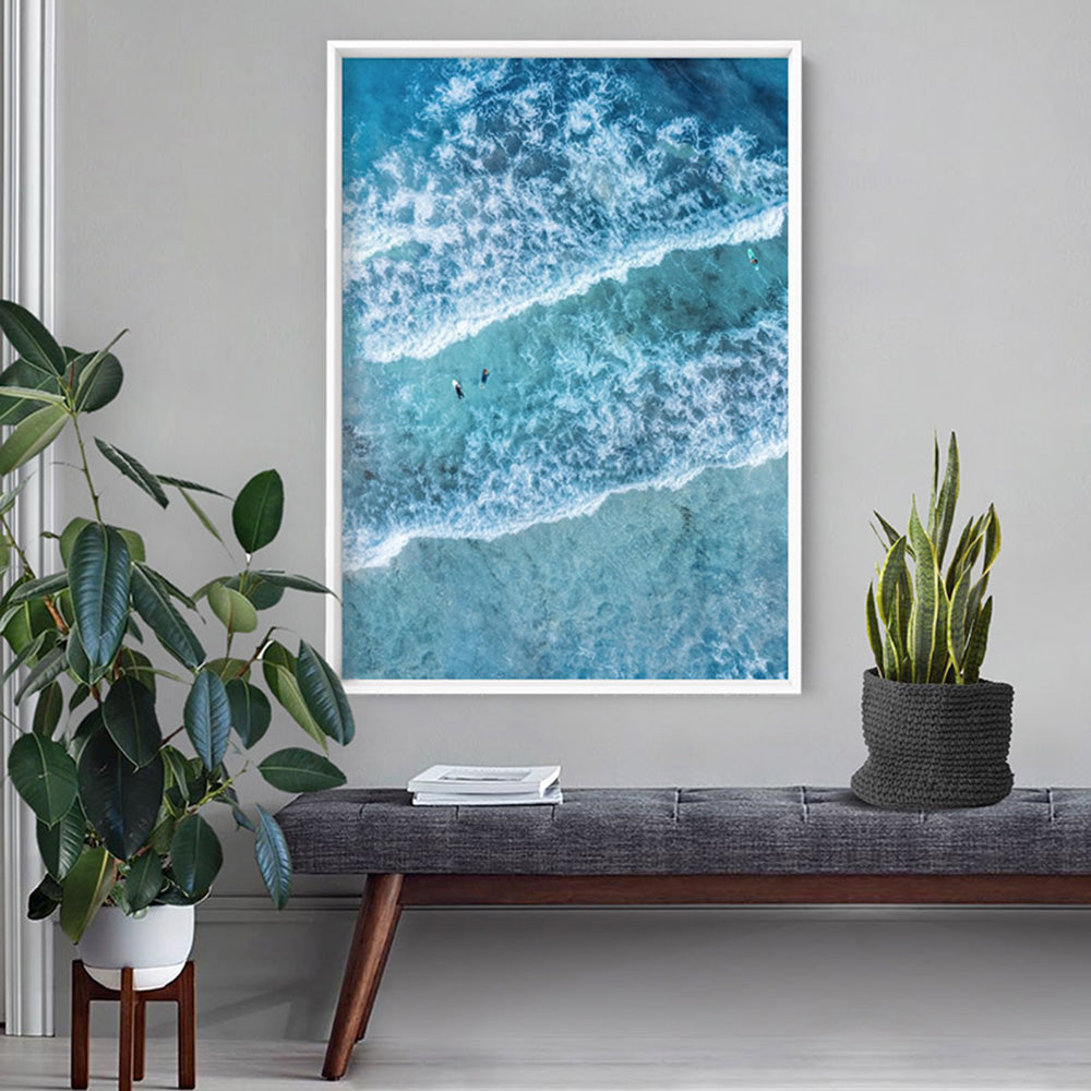Aerial Ocean Waves & Tiny Surfers I - Art Print, Poster, Stretched Canvas or Framed Wall Art Prints, shown framed in a room