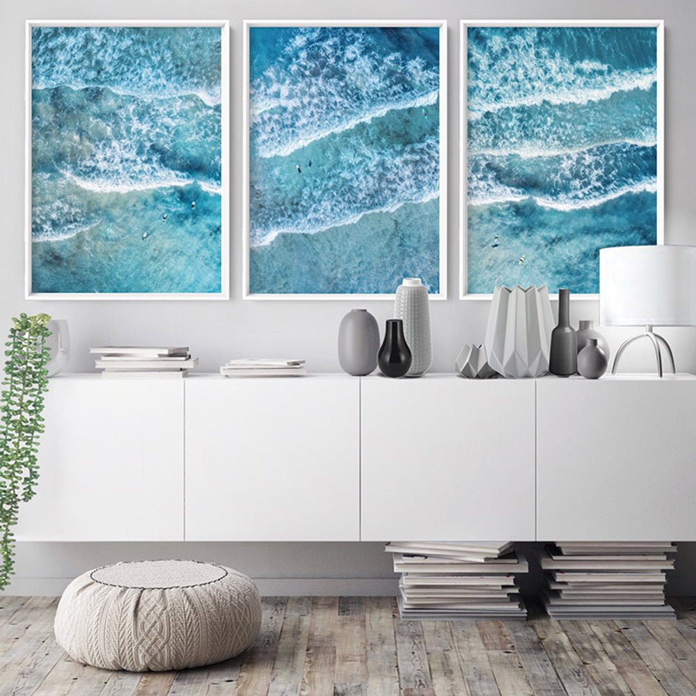 Aerial Ocean Waves & Tiny Surfers I - Art Print, Poster, Stretched Canvas or Framed Wall Art, shown framed in a home interior space