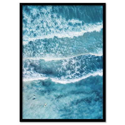 Aerial Ocean Waves & Tiny Surfers II - Art Print, Poster, Stretched Canvas, or Framed Wall Art Print, shown in a black frame