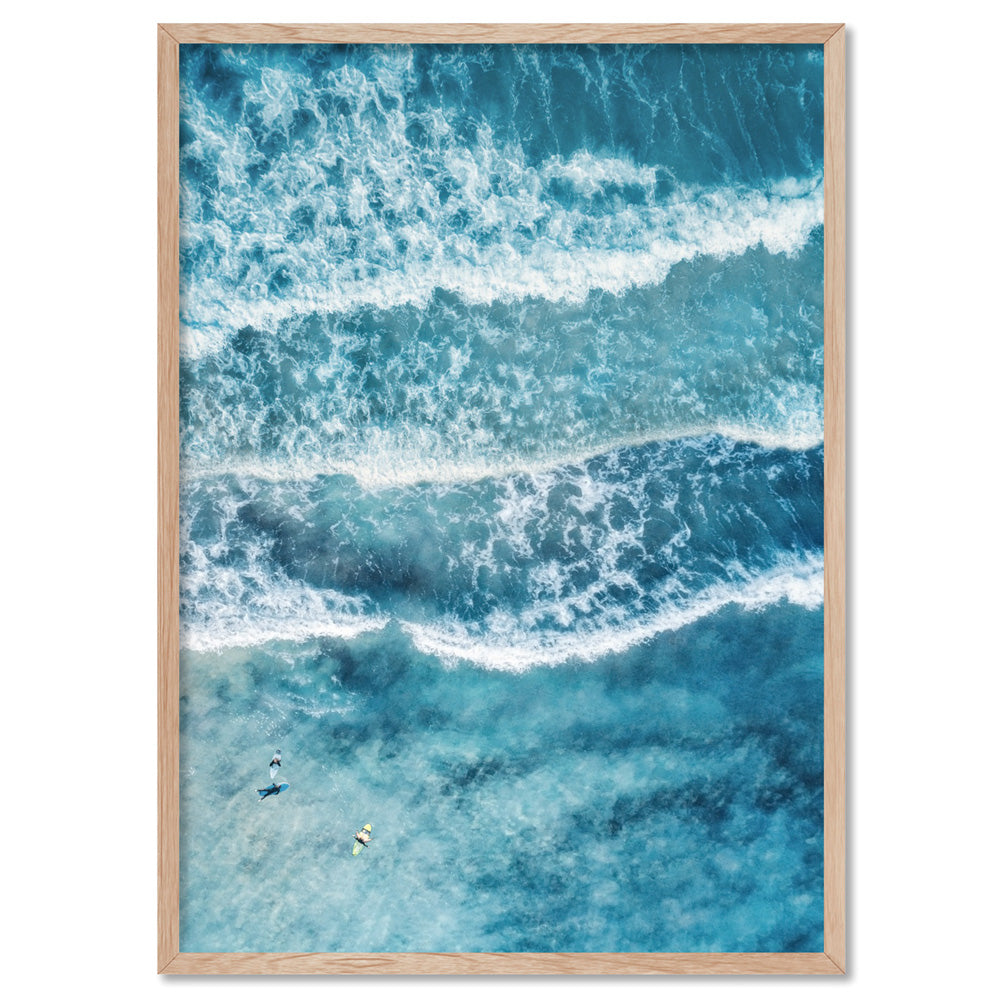 Aerial Ocean Waves & Tiny Surfers II - Art Print, Poster, Stretched Canvas, or Framed Wall Art Print, shown in a natural timber frame