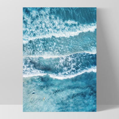 Aerial Ocean Waves & Tiny Surfers II - Art Print, Poster, Stretched Canvas, or Framed Wall Art Print, shown as a stretched canvas or poster without a frame