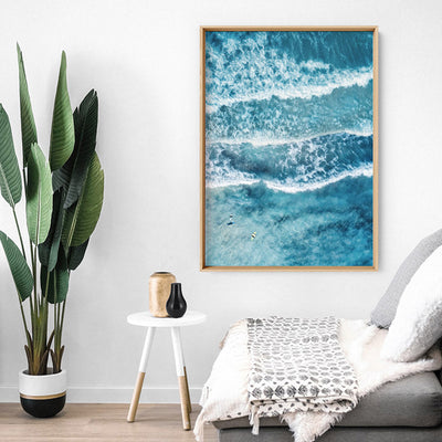 Aerial Ocean Waves & Tiny Surfers II - Art Print, Poster, Stretched Canvas or Framed Wall Art Prints, shown framed in a room
