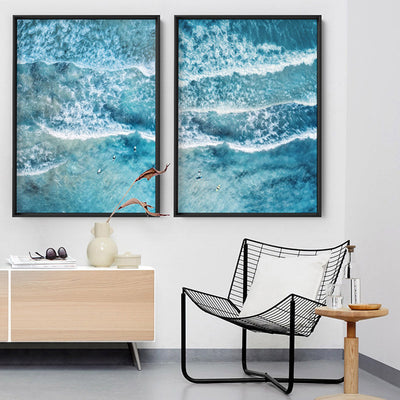 Aerial Ocean Waves & Tiny Surfers II - Art Print, Poster, Stretched Canvas or Framed Wall Art, shown framed in a home interior space