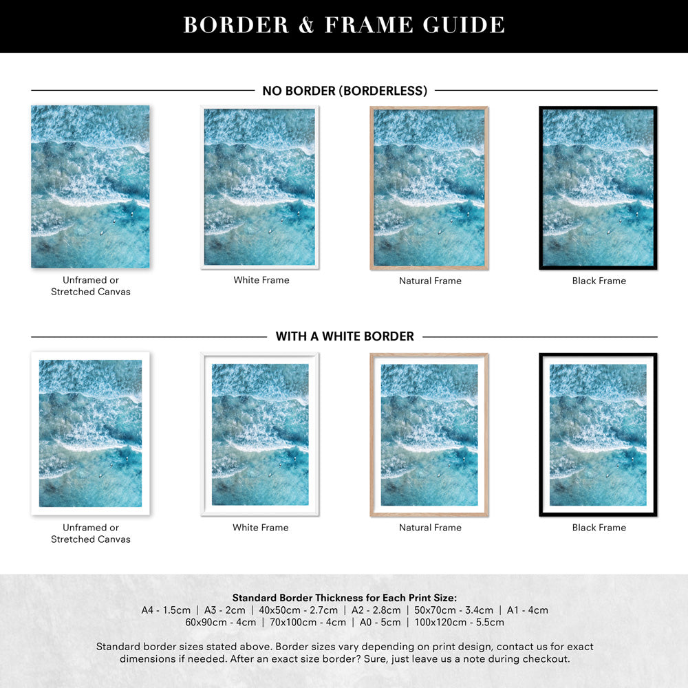 Aerial Ocean Waves & Tiny Surfers III - Art Print, Poster, Stretched Canvas or Framed Wall Art, Showing White , Black, Natural Frame Colours, No Frame (Unframed) or Stretched Canvas, and With or Without White Borders