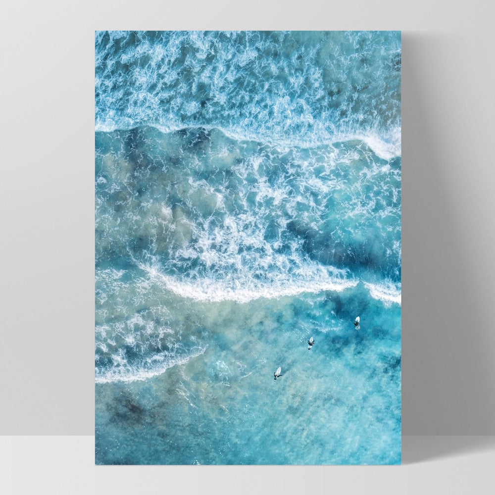 Aerial Ocean Waves & Tiny Surfers III - Art Print, Poster, Stretched Canvas, or Framed Wall Art Print, shown as a stretched canvas or poster without a frame
