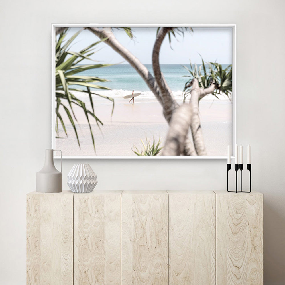 Wategos Beach Byron Surfer II - Art Print, Poster, Stretched Canvas or Framed Wall Art Prints, shown framed in a room