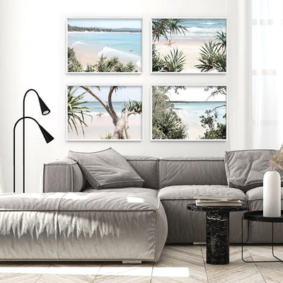 Wategos Beach Byron Surfer II - Art Print, Poster, Stretched Canvas or Framed Wall Art, shown framed in a home interior space