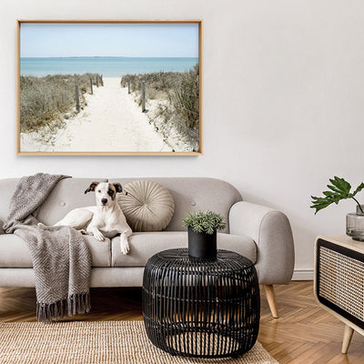 City Beach Entrance Perth - Art Print, Poster, Stretched Canvas or Framed Wall Art, shown framed in a home interior space