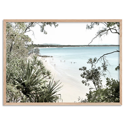 Noosa Coastal Beach View - Art Print, Poster, Stretched Canvas, or Framed Wall Art Print, shown in a natural timber frame