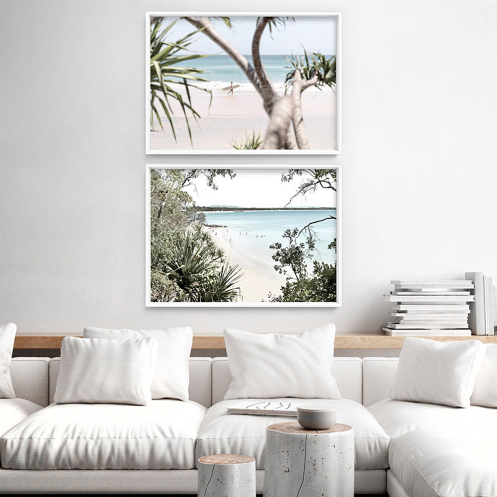Noosa Coastal Beach View - Art Print, Poster, Stretched Canvas or Framed Wall Art, shown framed in a home interior space