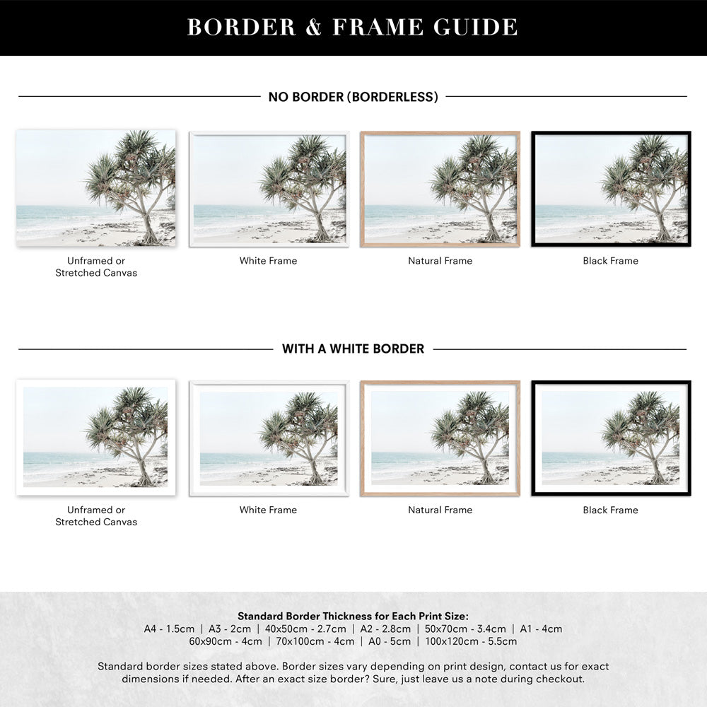 Noosa Coastal Beach View III - Art Print, Poster, Stretched Canvas or Framed Wall Art, Showing White , Black, Natural Frame Colours, No Frame (Unframed) or Stretched Canvas, and With or Without White Borders