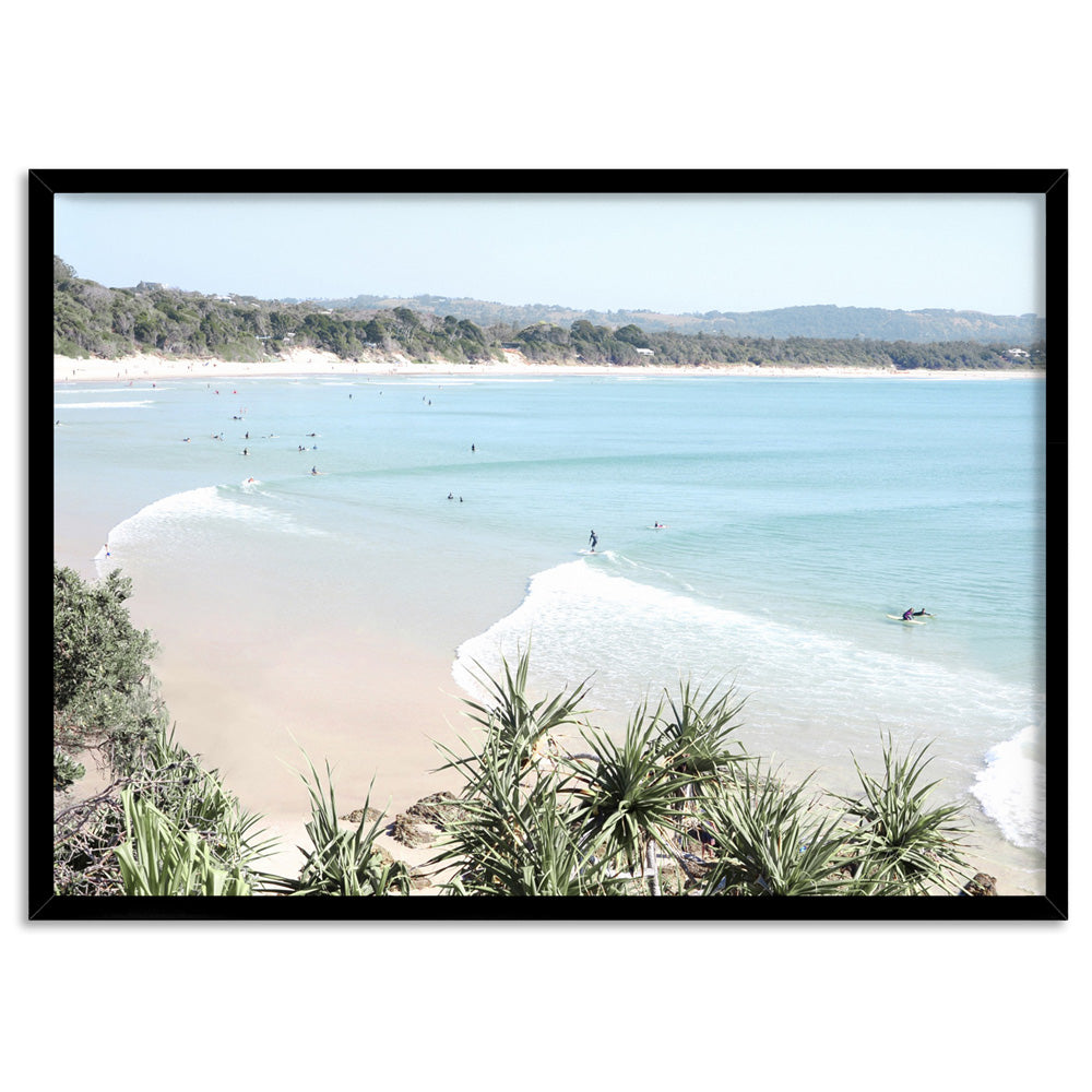 The Pass Byron Bay Surfers - Art Print, Poster, Stretched Canvas, or Framed Wall Art Print, shown in a black frame