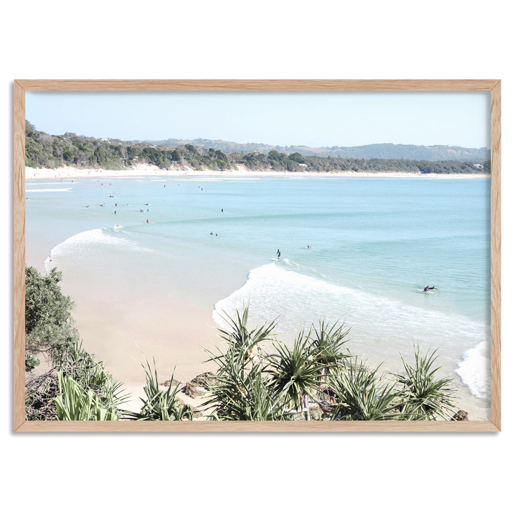 The Pass Byron Bay Surfers - Art Print, Poster, Stretched Canvas, or Framed Wall Art Print, shown in a natural timber frame