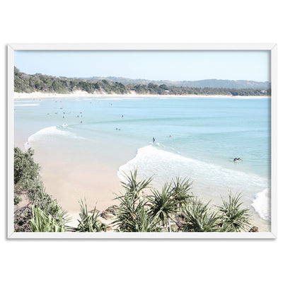 The Pass Byron Bay Surfers - Art Print, Poster, Stretched Canvas, or Framed Wall Art Print, shown in a white frame
