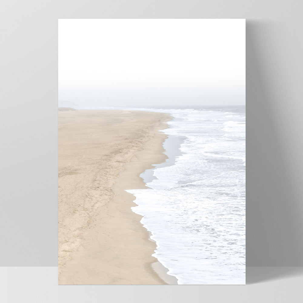 Sandy Beach & Ocean Waves in Pastels - Art Print, Poster, Stretched Canvas, or Framed Wall Art Print, shown as a stretched canvas or poster without a frame