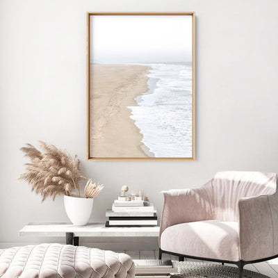 Sandy Beach & Ocean Waves in Pastels - Art Print, Poster, Stretched Canvas or Framed Wall Art Prints, shown framed in a room