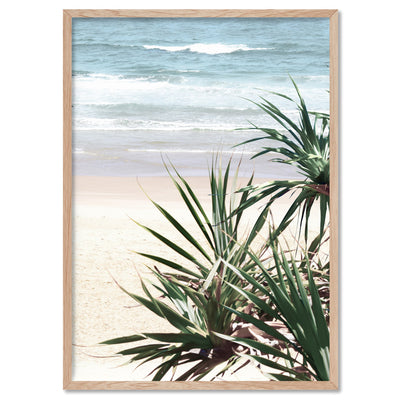 Byron Wategos Beach Palm View - Art Print, Poster, Stretched Canvas, or Framed Wall Art Print, shown in a natural timber frame