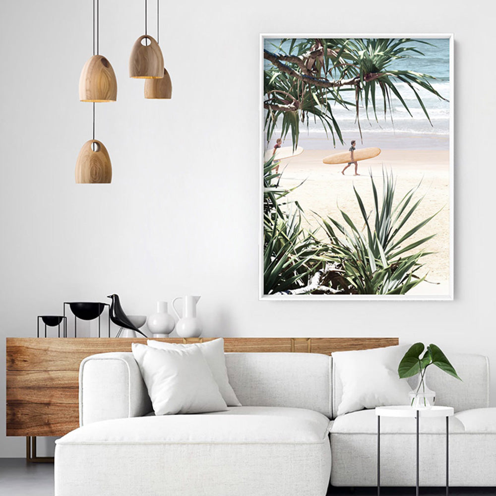 Byron Wategos Beach Palm View II - Art Print, Poster, Stretched Canvas or Framed Wall Art Prints, shown framed in a room
