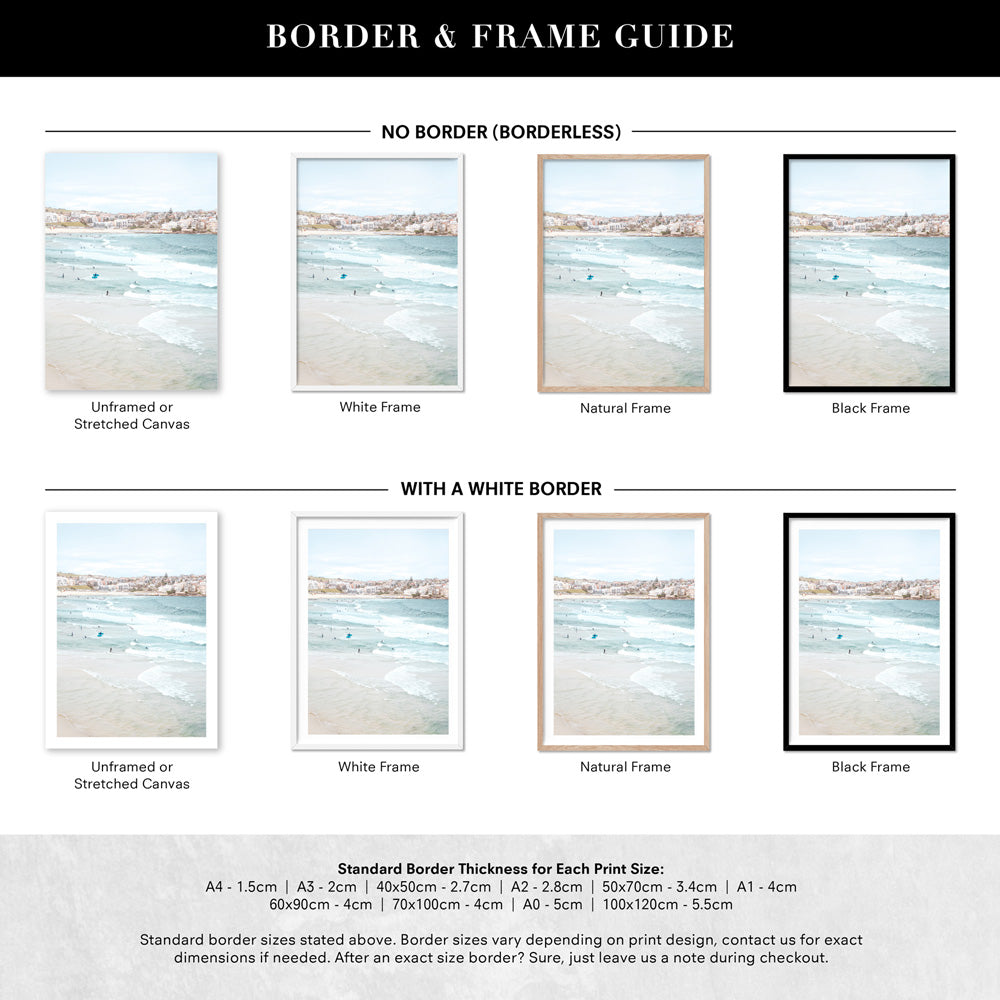 Bondi Beach Pastels View - Art Print, Poster, Stretched Canvas or Framed Wall Art, Showing White , Black, Natural Frame Colours, No Frame (Unframed) or Stretched Canvas, and With or Without White Borders