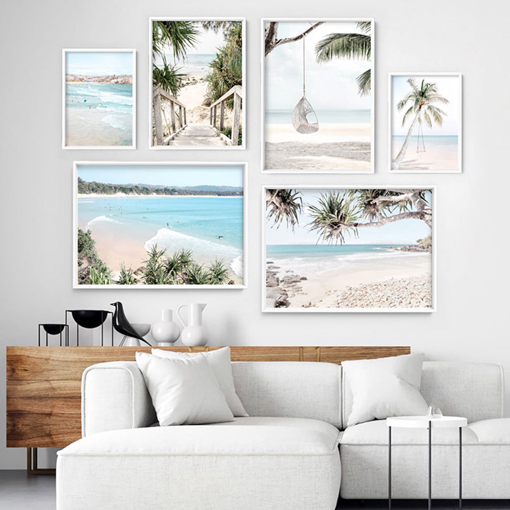 Coastal Palm beach Swing - Art Print, Poster, Stretched Canvas or Framed Wall Art, shown framed in a home interior space