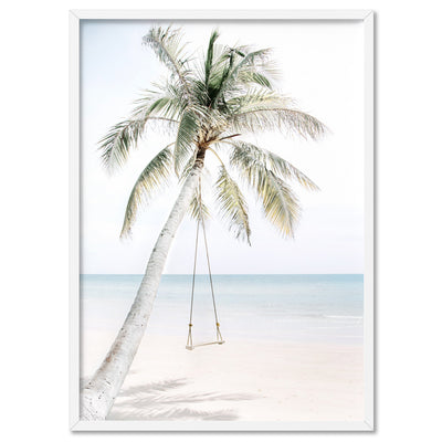 Coastal Palm beach Swing - Art Print, Poster, Stretched Canvas, or Framed Wall Art Print, shown in a white frame