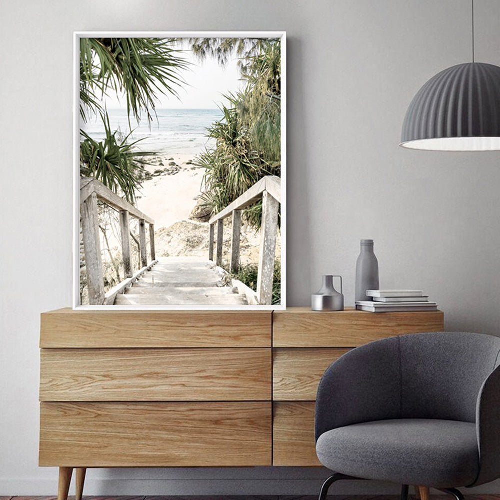 Wategos Beach Entrance Byron - Art Print, Poster, Stretched Canvas or Framed Wall Art Prints, shown framed in a room