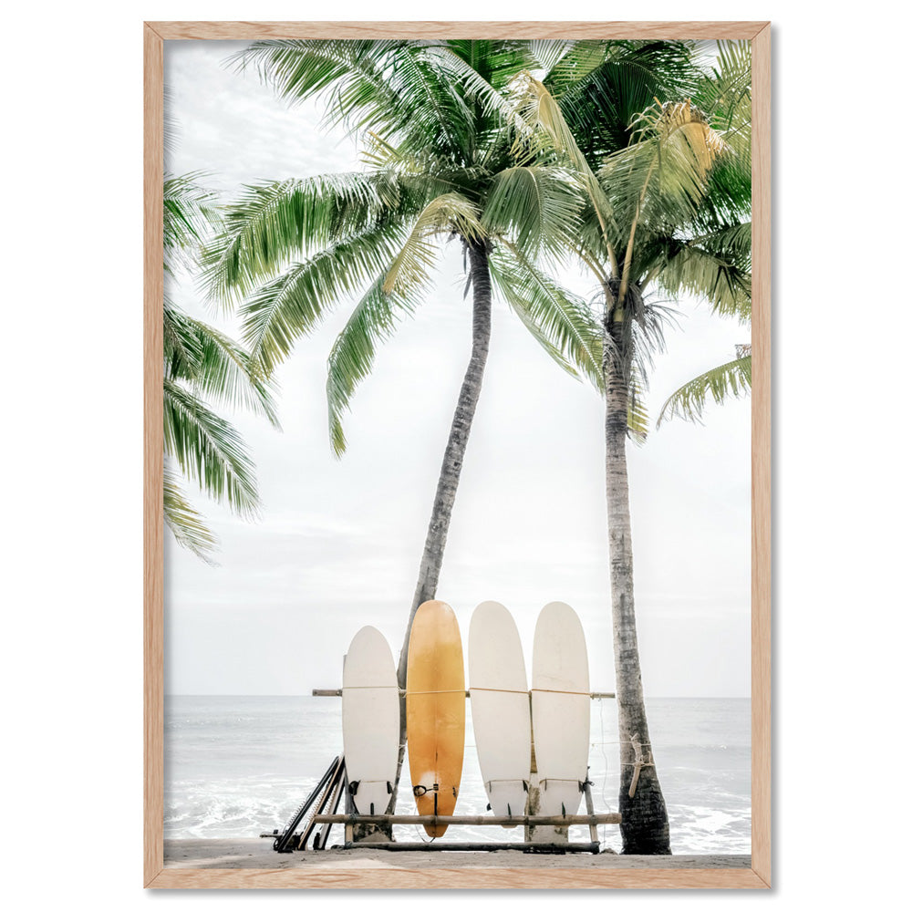 Hawaii Surfboards & Palms II - Art Print, Poster, Stretched Canvas, or Framed Wall Art Print, shown in a natural timber frame