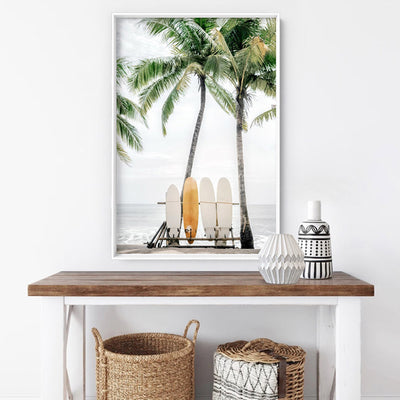 Hawaii Surfboards & Palms II - Art Print, Poster, Stretched Canvas or Framed Wall Art Prints, shown framed in a room