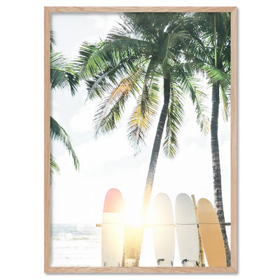 Hawaii Surfboards & Palms III - Art Print, Poster, Stretched Canvas, or Framed Wall Art Print, shown in a natural timber frame