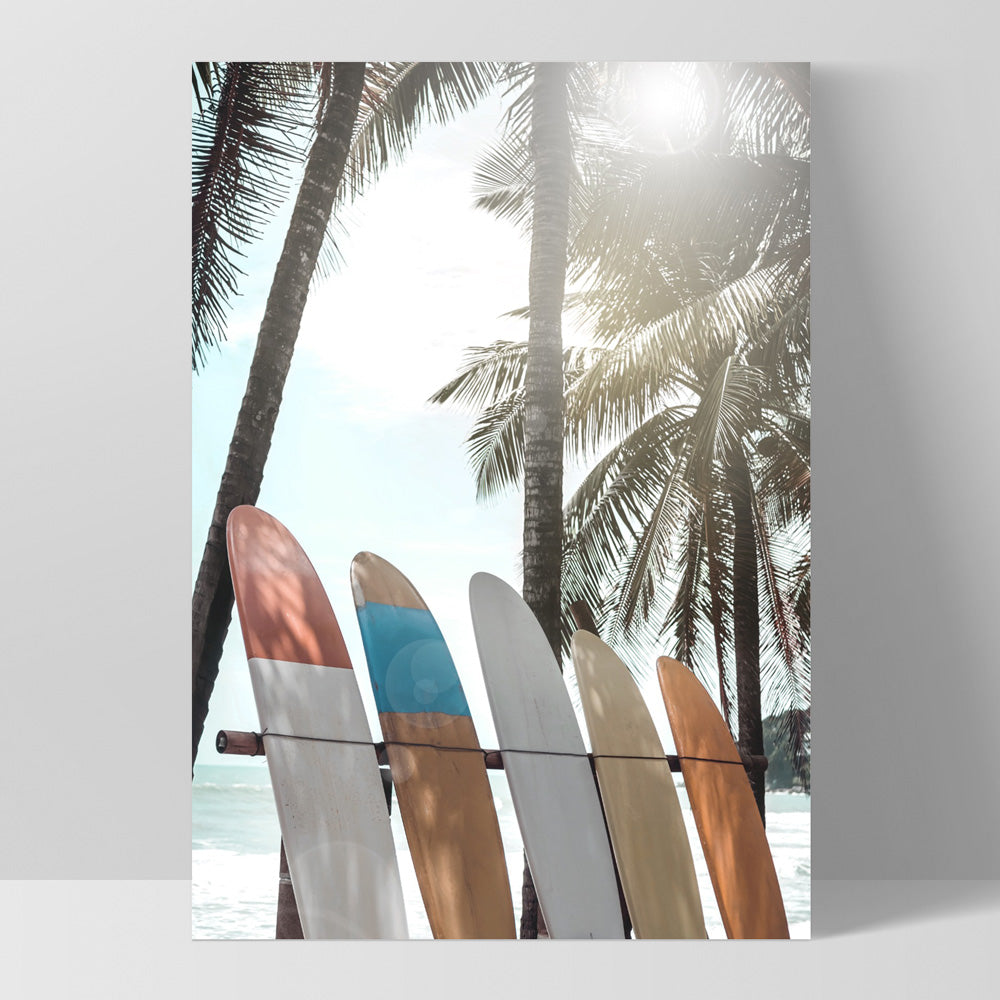 Hawaii Surfboards & Palms IV - Art Print, Poster, Stretched Canvas, or Framed Wall Art Print, shown as a stretched canvas or poster without a frame