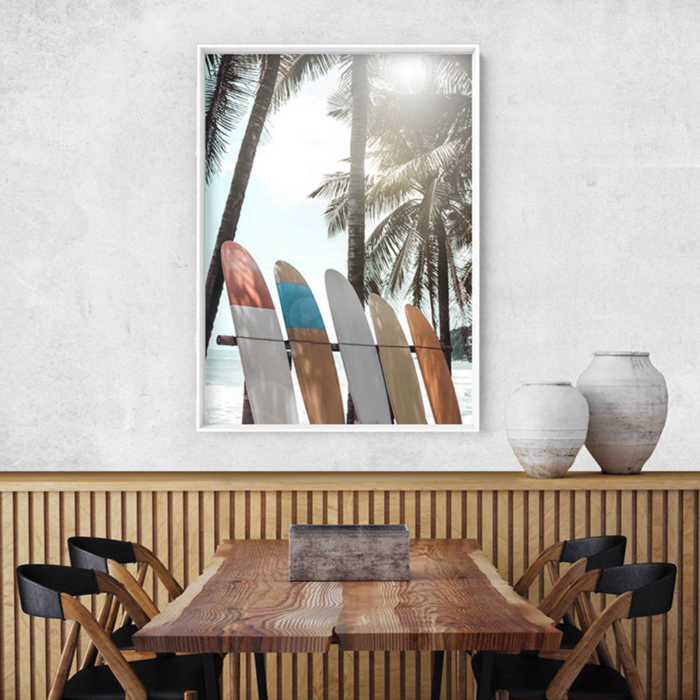 Hawaii Surfboards & Palms IV - Art Print, Poster, Stretched Canvas or Framed Wall Art Prints, shown framed in a room