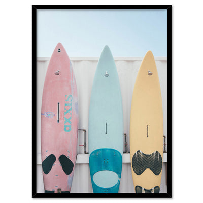 Pastel Surfboard Beach Showers - Art Print, Poster, Stretched Canvas, or Framed Wall Art Print, shown in a black frame