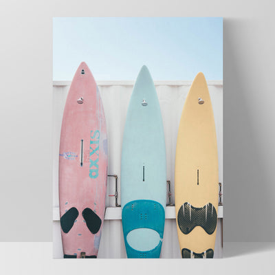 Pastel Surfboard Beach Showers - Art Print, Poster, Stretched Canvas, or Framed Wall Art Print, shown as a stretched canvas or poster without a frame