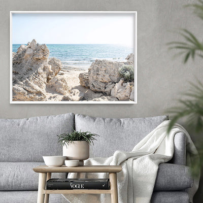 Point Peron Beach Perth III - Art Print, Poster, Stretched Canvas or Framed Wall Art Prints, shown framed in a room