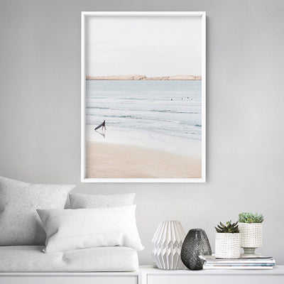 Sandy Beach, Surfer & Ocean Waves in Pastels - Art Print, Poster, Stretched Canvas or Framed Wall Art Prints, shown framed in a room