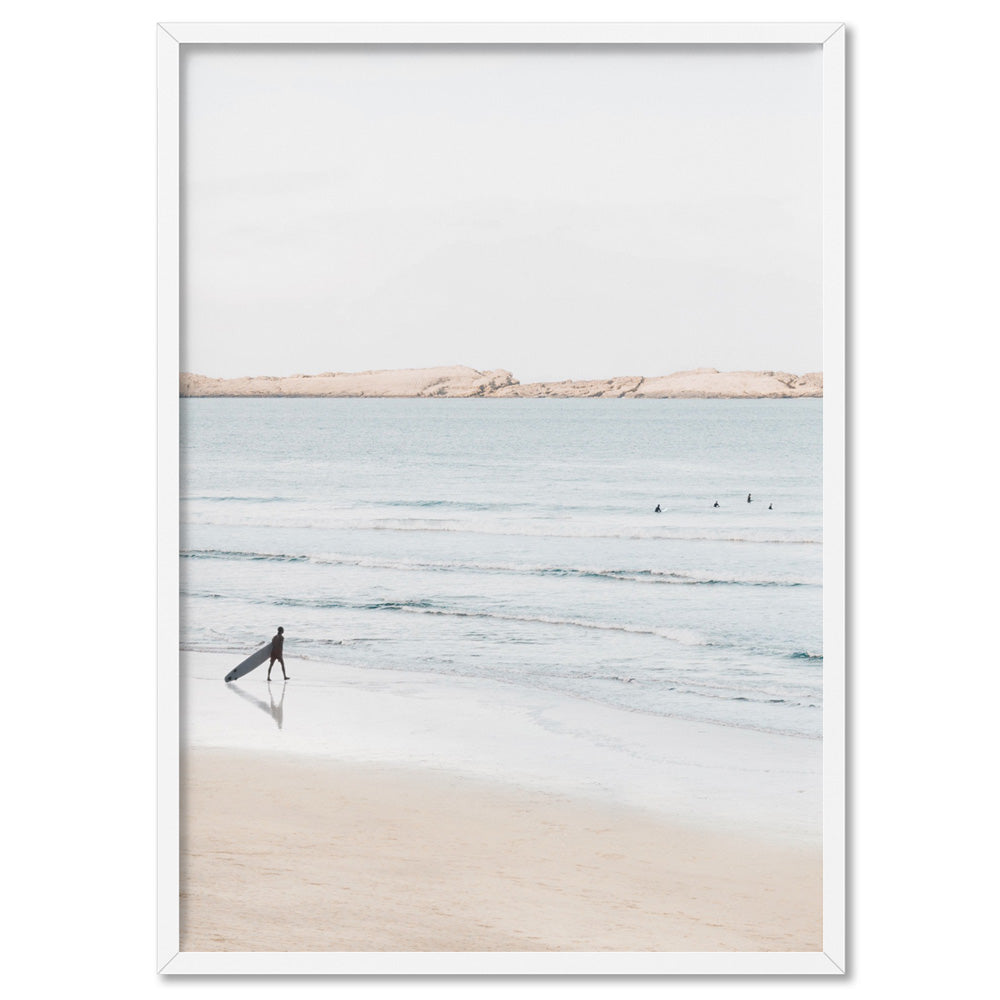 Sandy Beach, Surfer & Ocean Waves in Pastels - Art Print, Poster, Stretched Canvas, or Framed Wall Art Print, shown in a white frame