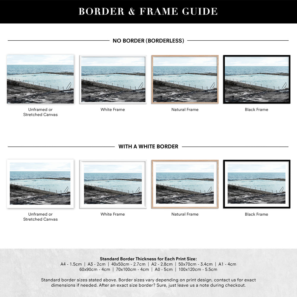 South Cronulla Rock Pool Landscape - Art Print, Poster, Stretched Canvas or Framed Wall Art, Showing White , Black, Natural Frame Colours, No Frame (Unframed) or Stretched Canvas, and With or Without White Borders