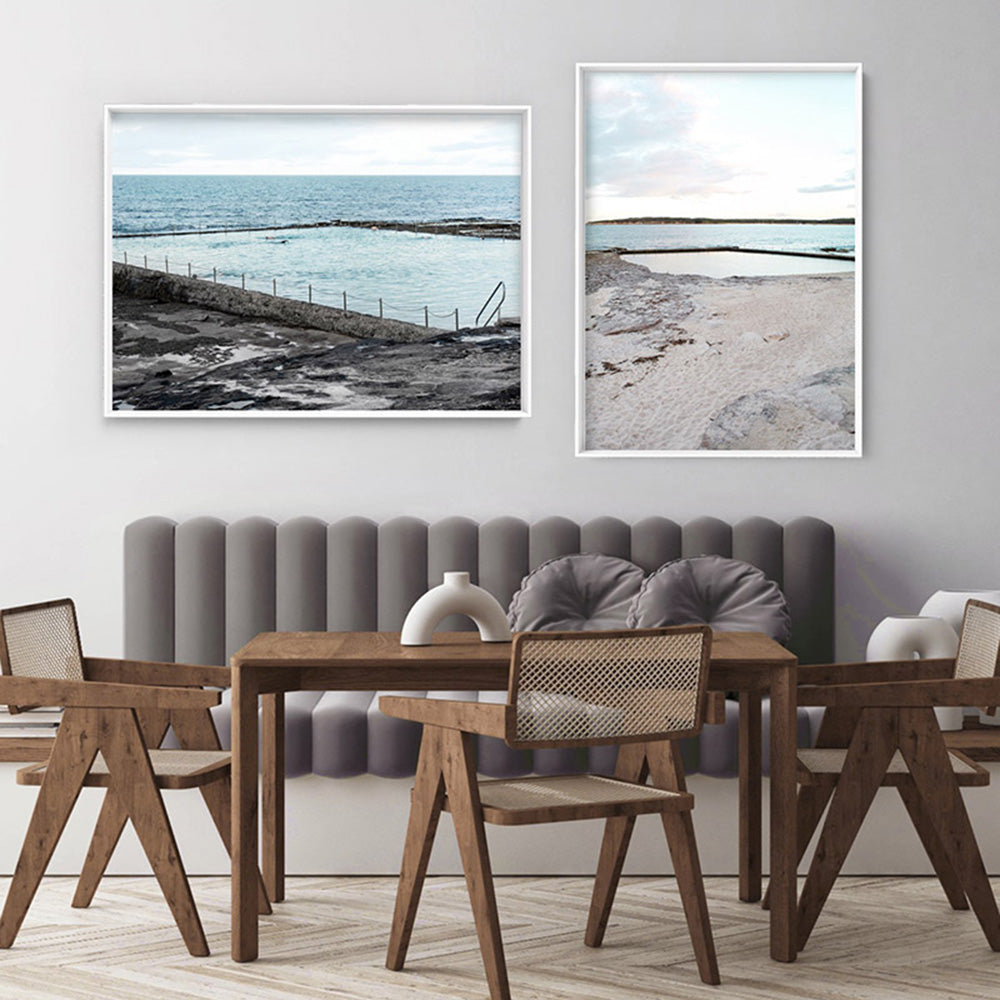 South Cronulla Rock Pool Landscape - Art Print, Poster, Stretched Canvas or Framed Wall Art, shown framed in a home interior space