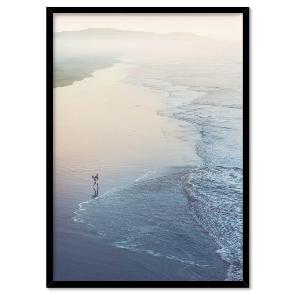 Surfer Walking to Ocean Waves - Art Print, Poster, Stretched Canvas, or Framed Wall Art Print, shown in a black frame