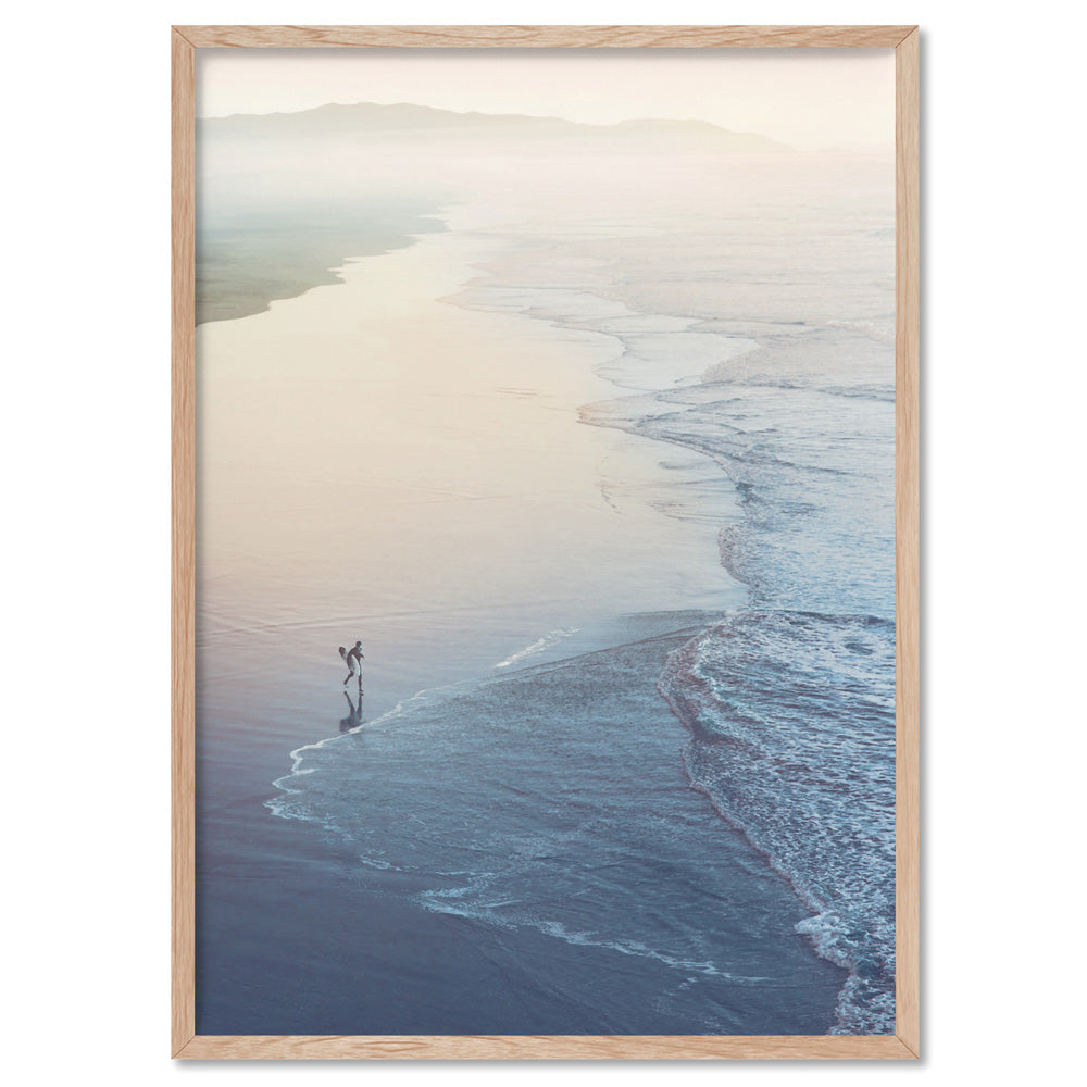 Surfer Walking to Ocean Waves - Art Print, Poster, Stretched Canvas, or Framed Wall Art Print, shown in a natural timber frame